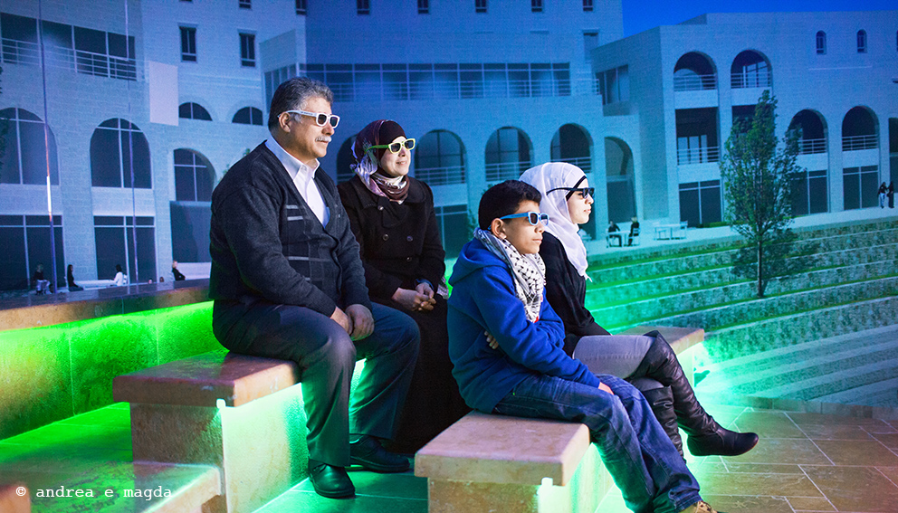Jan 2013, Rawabi, 20 km from Ramallah. A family in visit at the showroom of the biggest new planned city in the West Bank is watching  3D movie, simulating the future life of the city.  Aimed to host 25 000 residents at first and 40 000 in the future, the project is developed by  a joined Palestinian - Qatari real estate company.