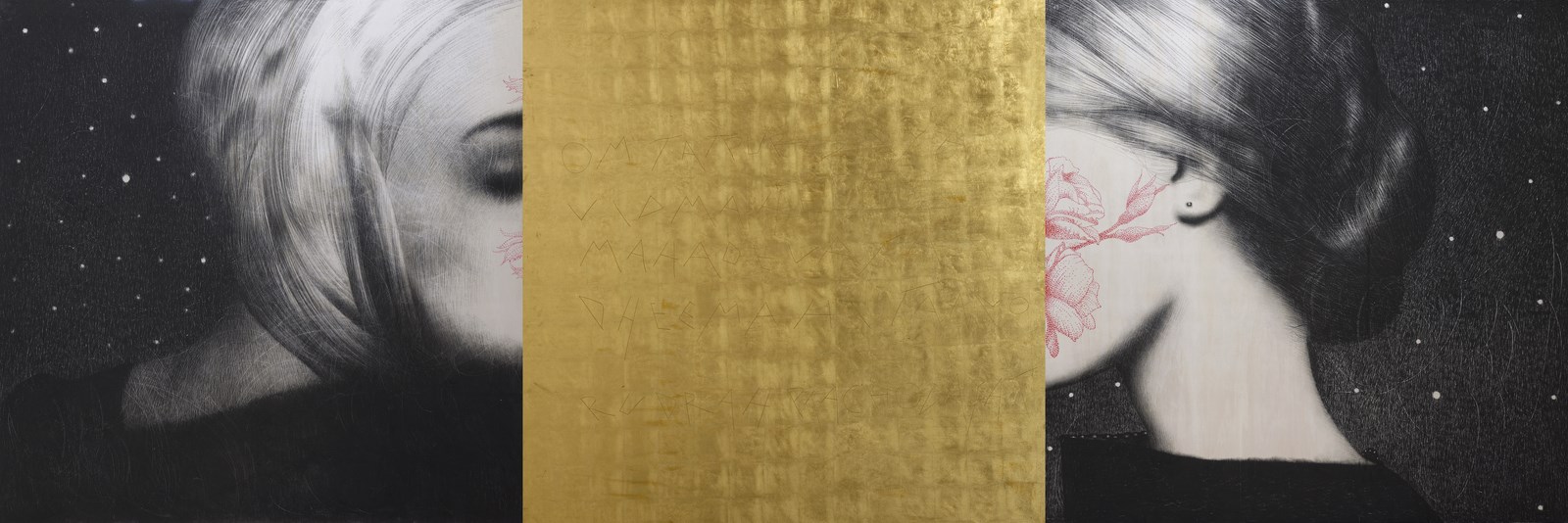 Omar Galliani, Nuovi Mantra, 2015, matita nera su tavola e foglia d'oro, trittico, cm. 150x450 