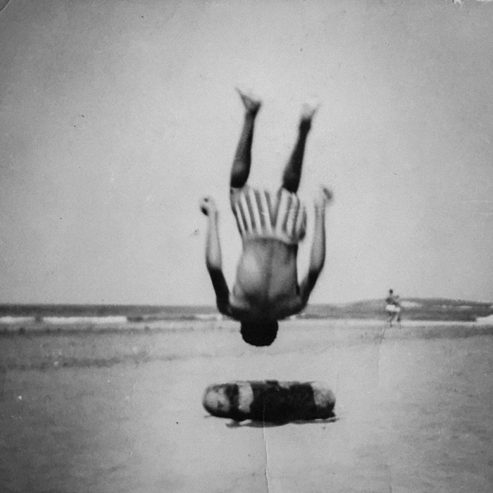 My father when he was young, jumping on the beach. reproduction of a photograph taken from my family album. © Karim El Maktafi