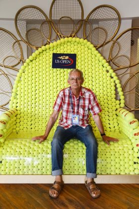 Portrait of Martin Parr at US Open by Louis Little New York USA 2017