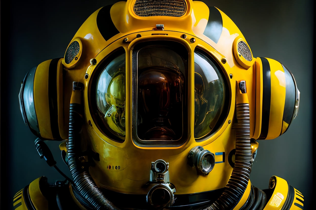 Tanuki deep diver helmet on static display front view oxigen