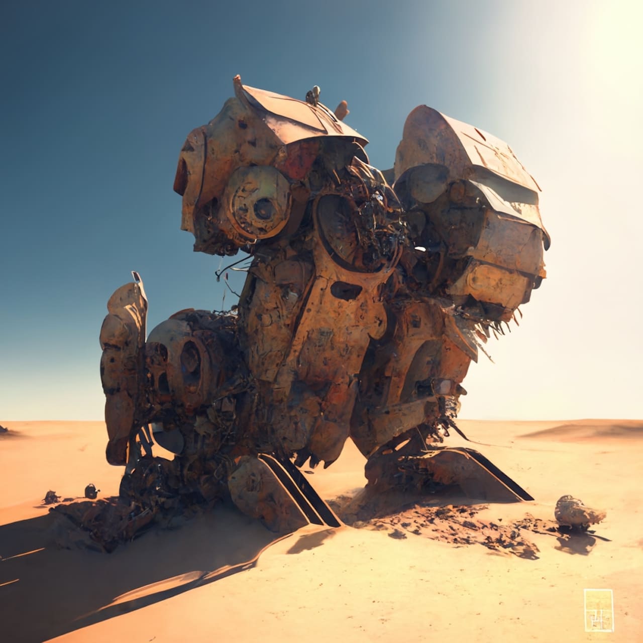 Tanuki remains of combat robots abandoned on desert planet rust