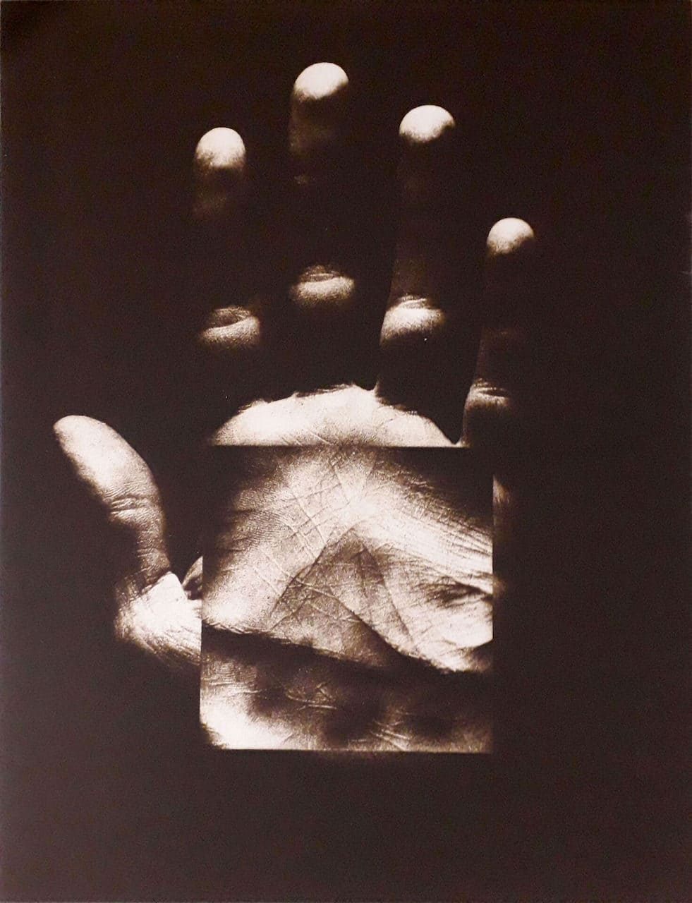 Bruno Di Bello, “Progetto d’intervento sul mio destino n. 8”, 1975, fotografia su tela fotosensibile virata seppia, 120x90 cm