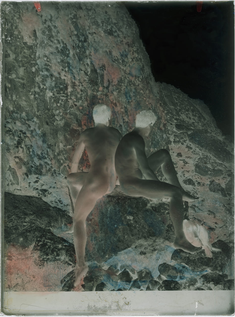 Wilhelm von Gloeden, Due giovani accanto alla cagna Nedda, 1885-1895 ca.  Negativo al collodio su vetro, Archivi Alinari - Archivio von Gloeden, Firenze
